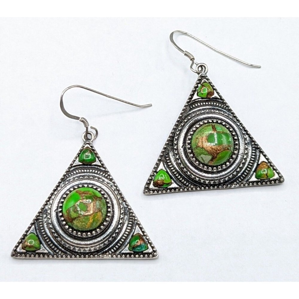 Green Copper Composite Mojave Turquoise Sterling Silver Triangular 925 Earrings